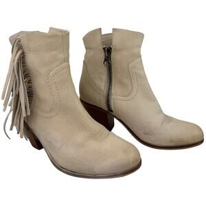SAM EDELMAN Louie Beige Suede Side Zip Western Fringe Stacked Heel Boot Size 7